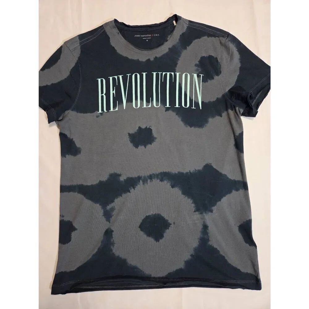 JOHN VARVATOS STAR USA REVOLUTION GRAPHIC GRAY BLUE TIE DYE T-SHIRT MENS MEDIUM